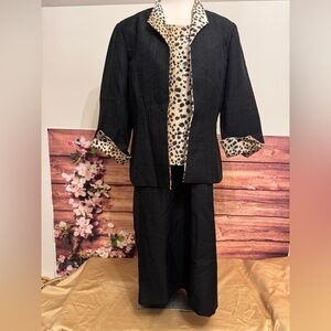 Black Skirt Suit Set w/ Leopard Print Top & Jacket Trim | 3-Piece Career Set